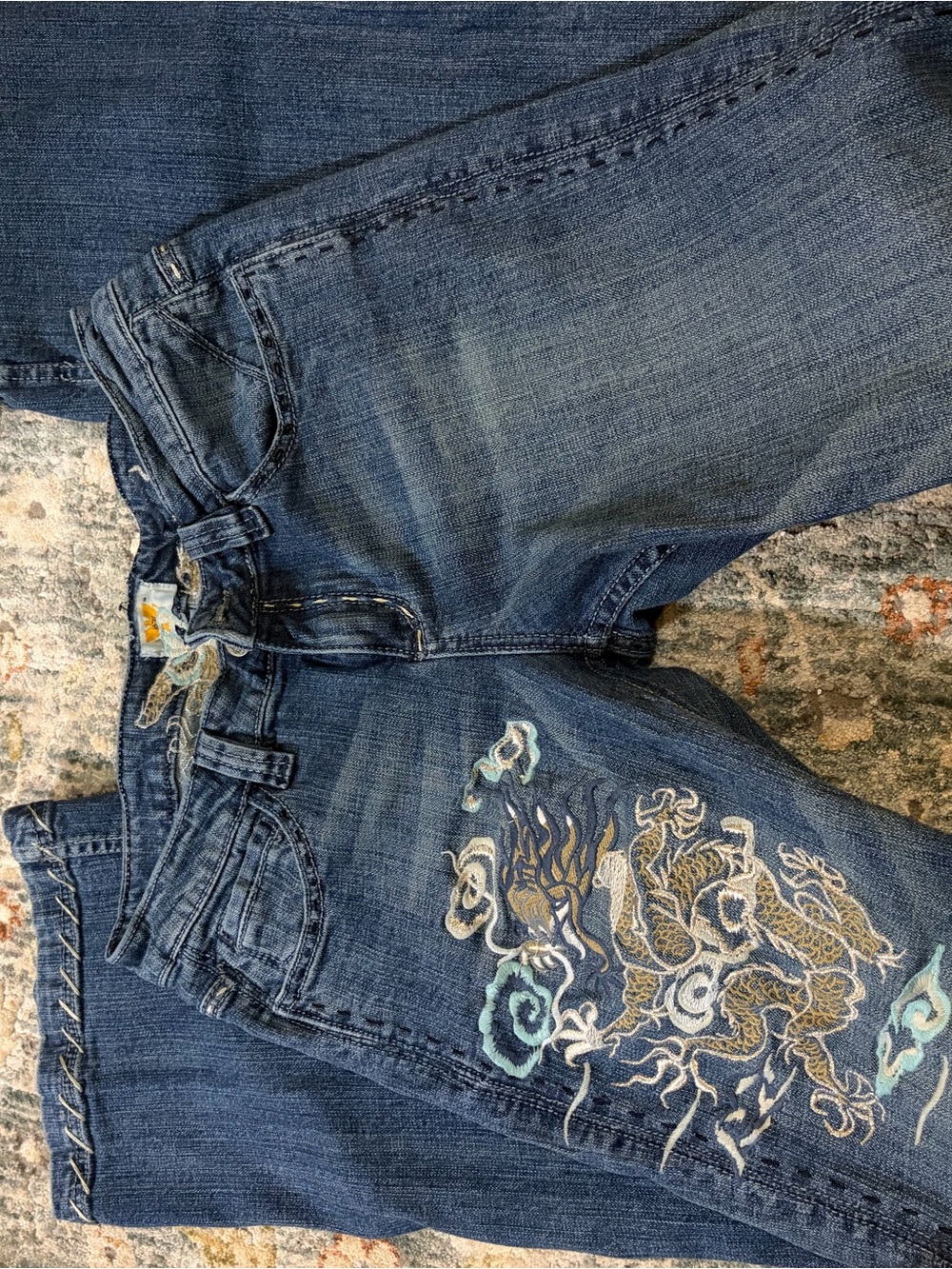 Antik Denim Blue Women's Boot Cut Jeans with Dragon Embroidery